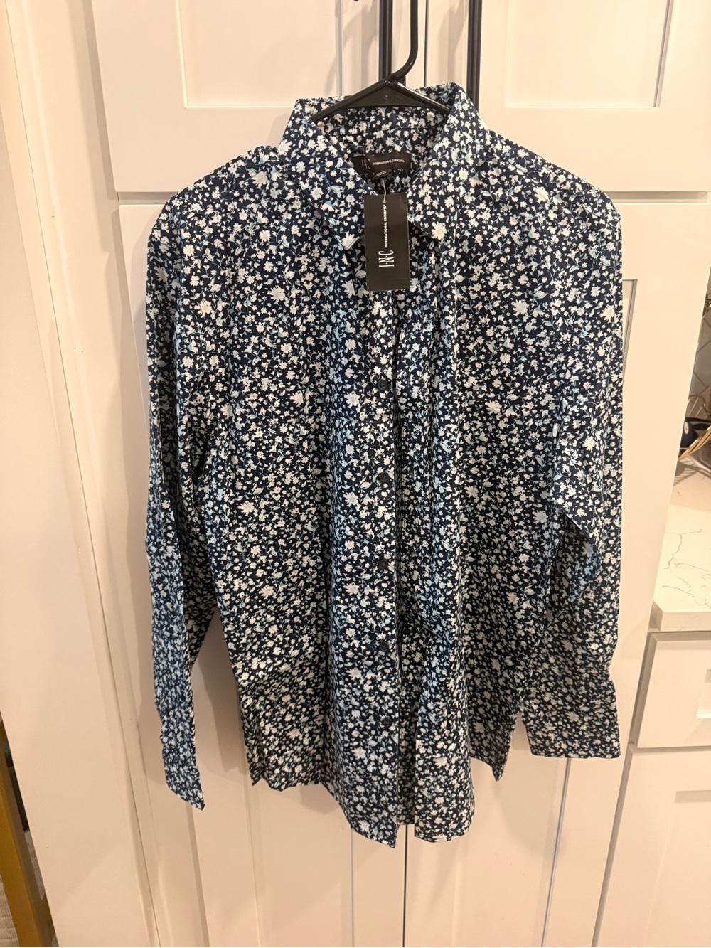 INC International Concepts Navy and White Floral Button-Down Shirt
